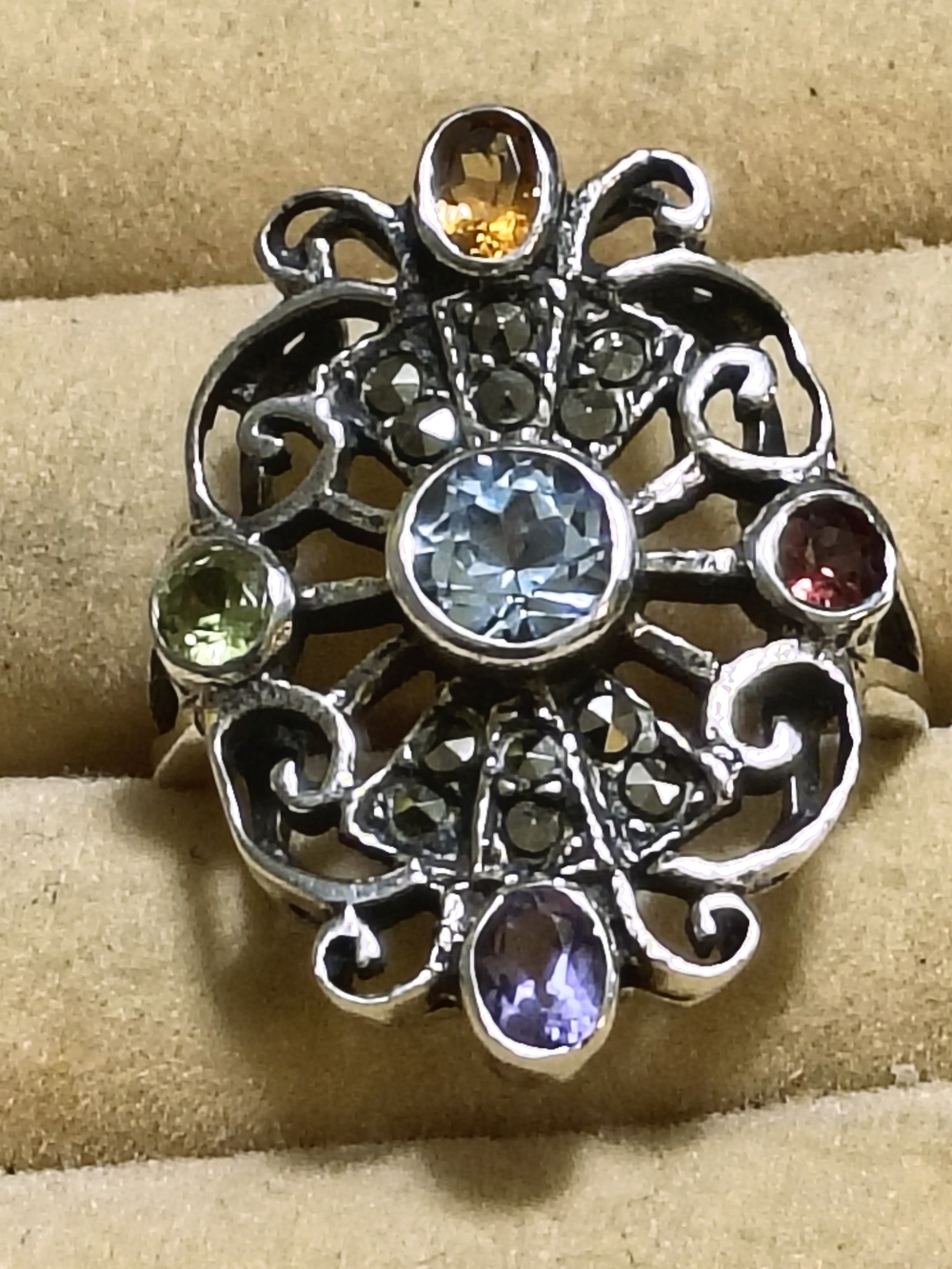 Multi-Gem 925 Statement Ring Topaz Citrine Peridot Amethyst Garnet Sz 6 ND 925